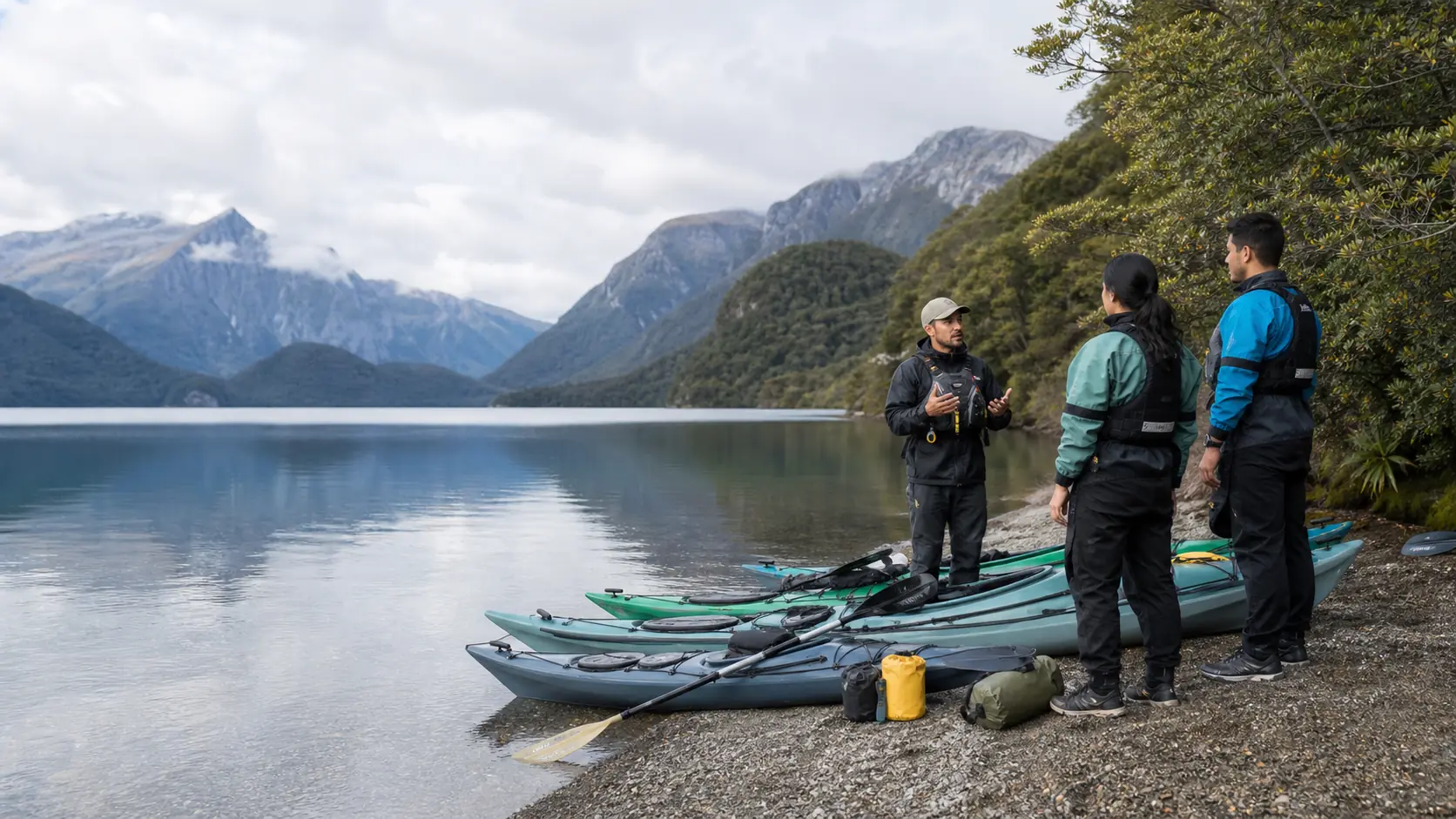Guided tourism operators kayaking in a New Zealand landscape